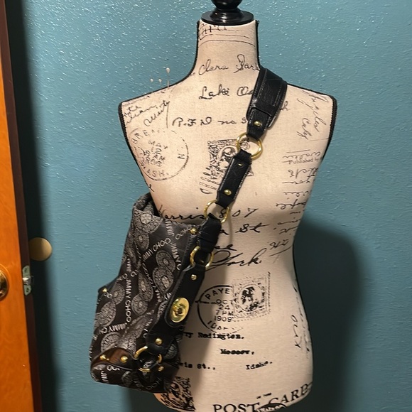 Fake designer black & gray logo w/gold metal accent studs, shoulder purse - Picture 15 of 15